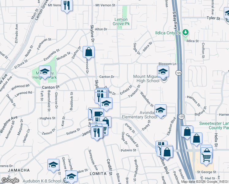 map of restaurants, bars, coffee shops, grocery stores, and more near 1537 Drexel Drive in Lemon Grove