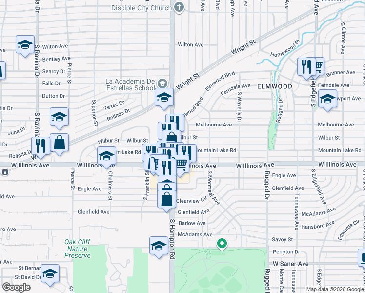 map of restaurants, bars, coffee shops, grocery stores, and more near 2306 Mountain Lake Road in Dallas