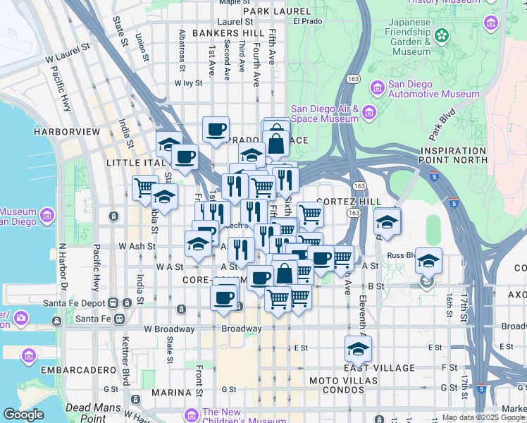 map of restaurants, bars, coffee shops, grocery stores, and more near 1551 Fourth Avenue in San Diego