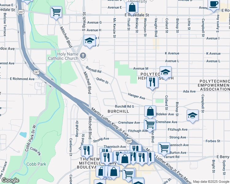 map of restaurants, bars, coffee shops, grocery stores, and more near 2733 Hanger Avenue in Fort Worth