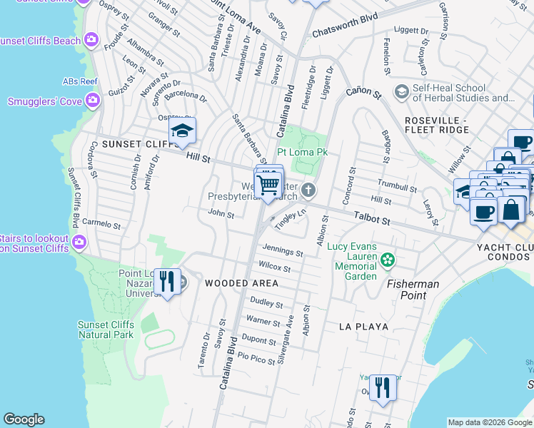 map of restaurants, bars, coffee shops, grocery stores, and more near 919 Catalina Boulevard in San Diego