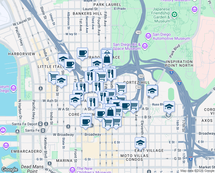 map of restaurants, bars, coffee shops, grocery stores, and more near 1500 Fifth Avenue in San Diego