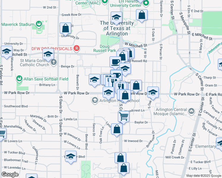 map of restaurants, bars, coffee shops, grocery stores, and more near 716 West Park Row Drive in Arlington