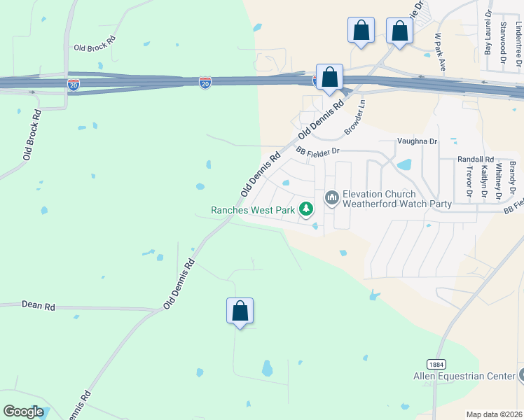 map of restaurants, bars, coffee shops, grocery stores, and more near 2431 Old Dennis Road in Weatherford