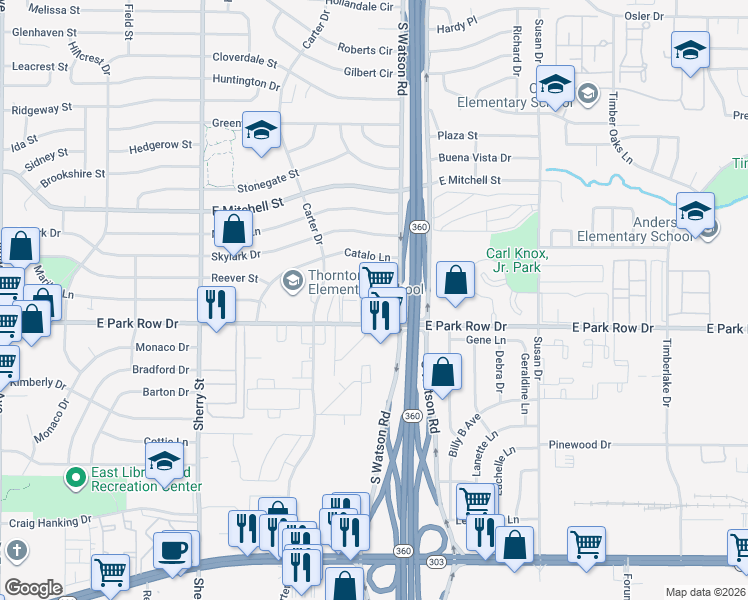 map of restaurants, bars, coffee shops, grocery stores, and more near 2507 Airport Circle in Arlington