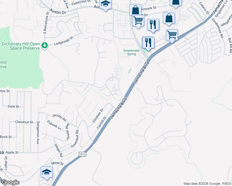 map of restaurants, bars, coffee shops, grocery stores, and more near Lake Pointe Drive in Spring Valley
