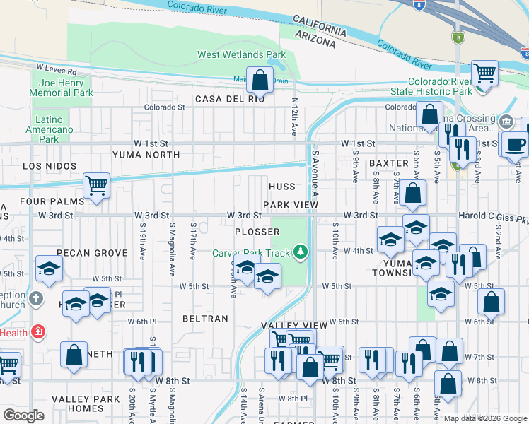 map of restaurants, bars, coffee shops, grocery stores, and more near 360 South 13th Avenue in Yuma
