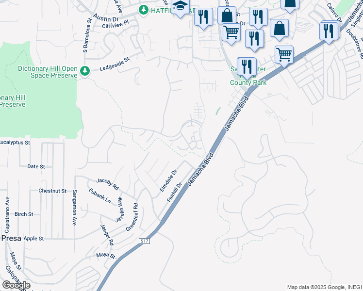 map of restaurants, bars, coffee shops, grocery stores, and more near 10430 Jamacha Boulevard in Spring Valley