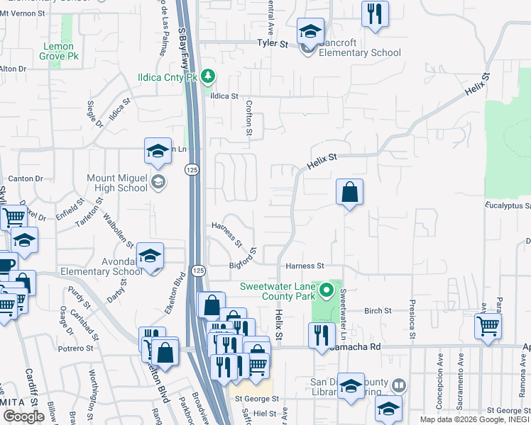 map of restaurants, bars, coffee shops, grocery stores, and more near 8712 Helix Vista Drive in Spring Valley