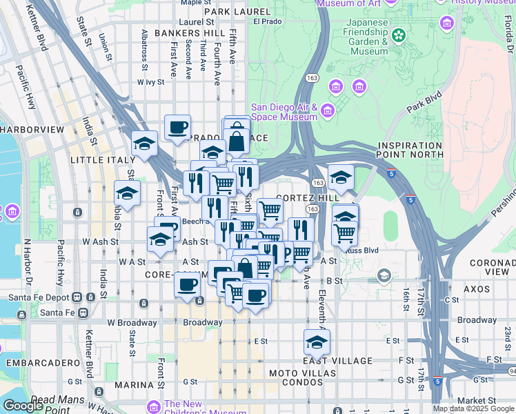 map of restaurants, bars, coffee shops, grocery stores, and more near 1501 Sixth Avenue in San Diego