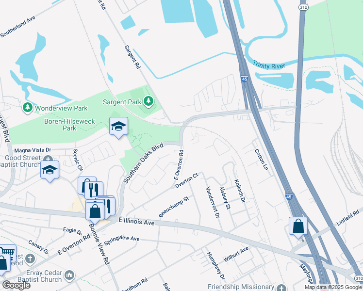 map of restaurants, bars, coffee shops, grocery stores, and more near 6732 Highland Hills Dr in Dallas