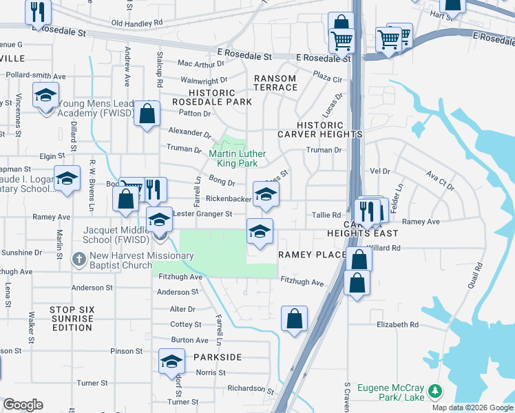 map of restaurants, bars, coffee shops, grocery stores, and more near 2500 Cass Street in Fort Worth