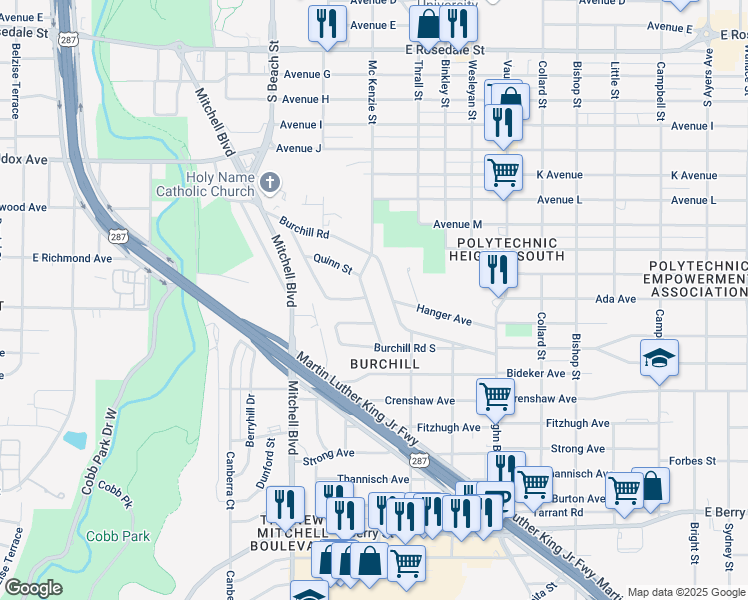 map of restaurants, bars, coffee shops, grocery stores, and more near 2733 Hanger Avenue in Fort Worth