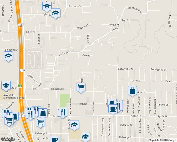 map of restaurants, bars, coffee shops, grocery stores, and more near 1725 Presioca Street in Spring Valley