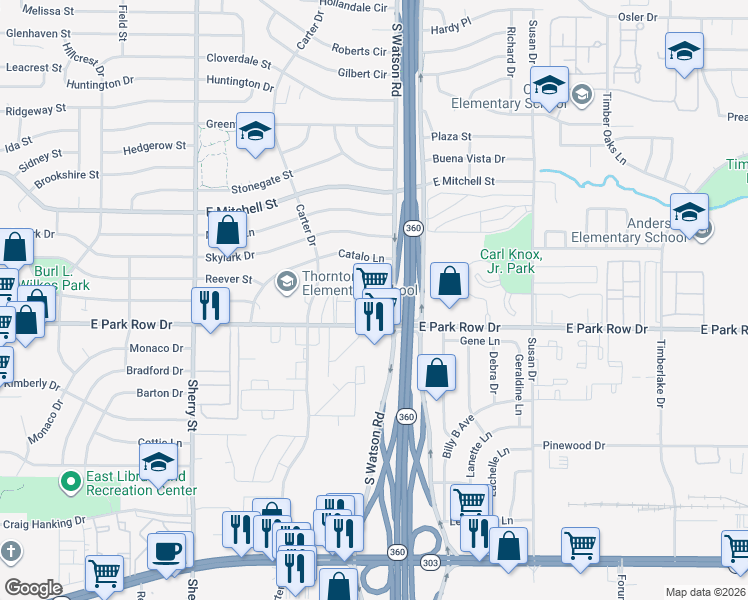 map of restaurants, bars, coffee shops, grocery stores, and more near 2525 E Park Row Dr in Arlington