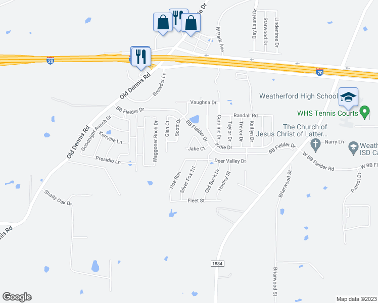 map of restaurants, bars, coffee shops, grocery stores, and more near 1325 Jake Court in Weatherford