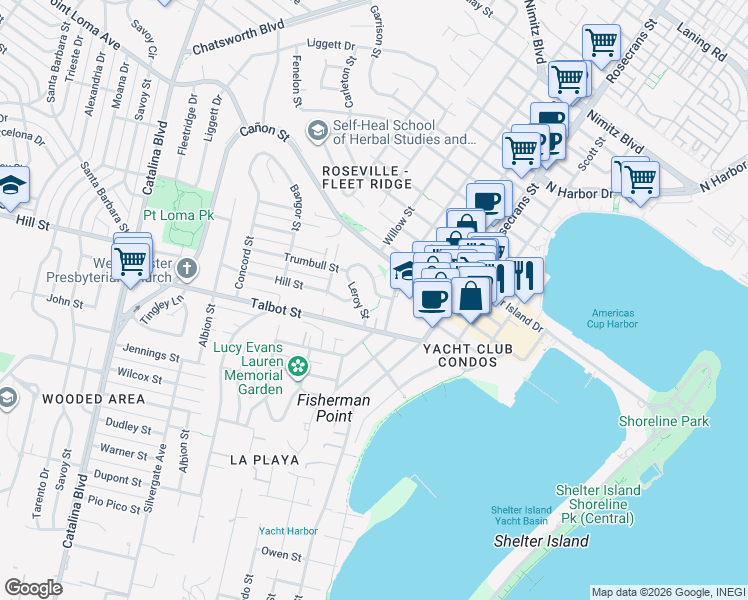 map of restaurants, bars, coffee shops, grocery stores, and more near 3211 Trumbull Street in San Diego