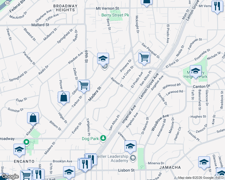 map of restaurants, bars, coffee shops, grocery stores, and more near 1627 La Corta Street in Lemon Grove