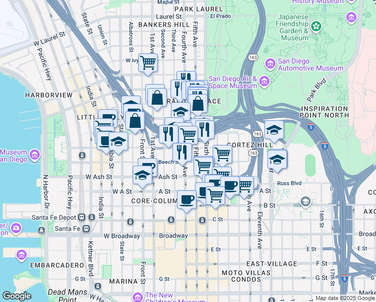 map of restaurants, bars, coffee shops, grocery stores, and more near in San Diego