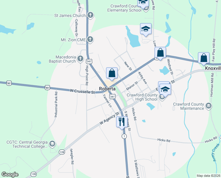 map of restaurants, bars, coffee shops, grocery stores, and more near  in Roberta
