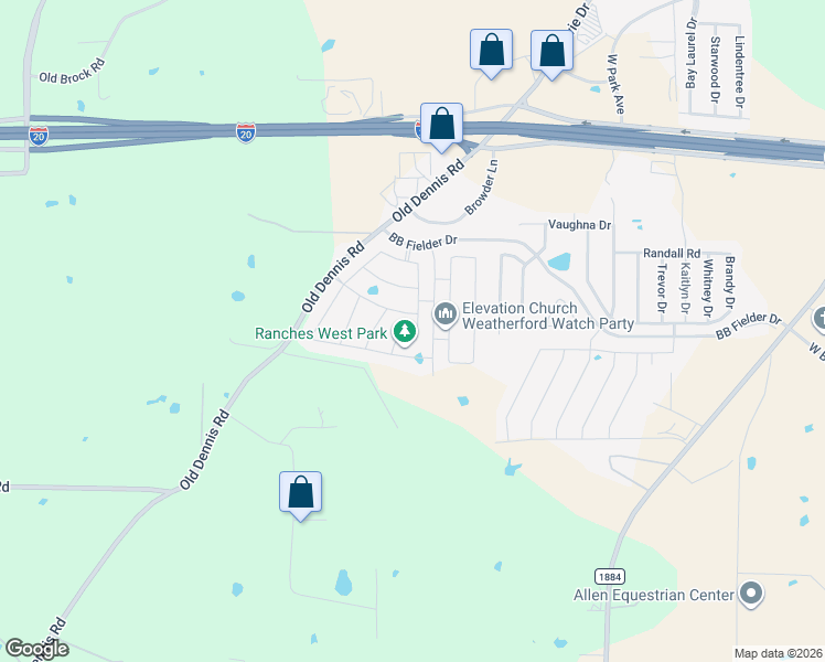 map of restaurants, bars, coffee shops, grocery stores, and more near 2425 Old Dennis Road in Weatherford