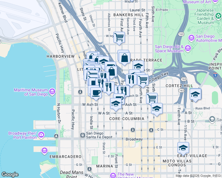 map of restaurants, bars, coffee shops, grocery stores, and more near 1551 Union Street in San Diego