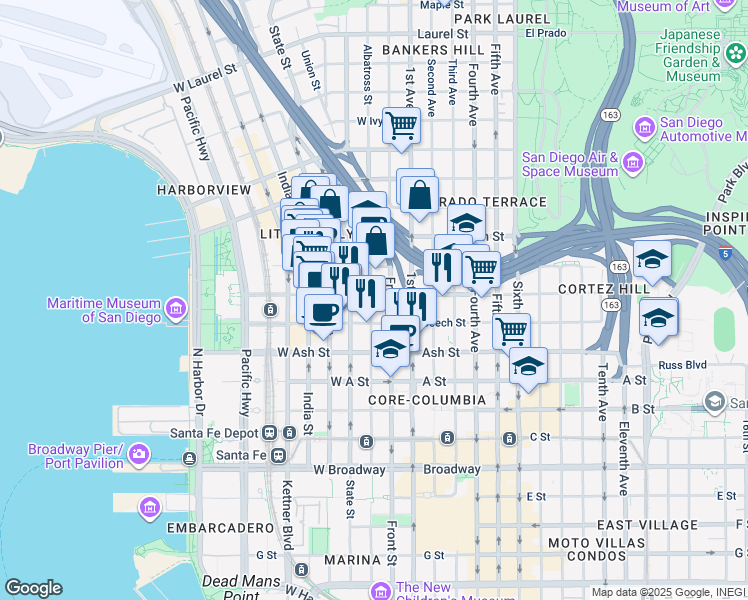 map of restaurants, bars, coffee shops, grocery stores, and more near 1551 Union Street in San Diego