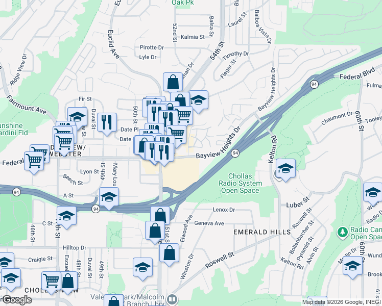map of restaurants, bars, coffee shops, grocery stores, and more near 1625 Pentecost Way in San Diego