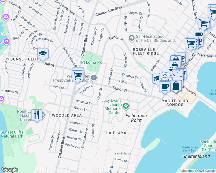 map of restaurants, bars, coffee shops, grocery stores, and more near Talbot Street & Concord Street in San Diego