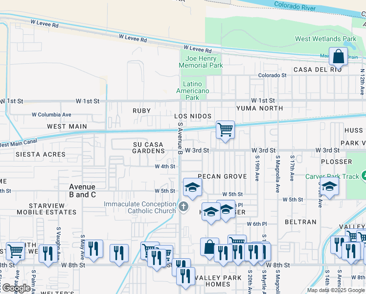 map of restaurants, bars, coffee shops, grocery stores, and more near 37 West Yowell Court in Yuma