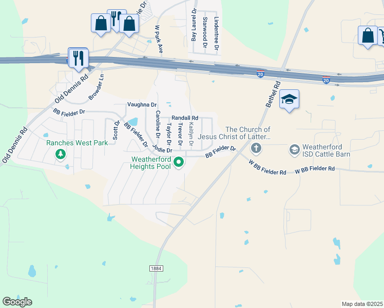 map of restaurants, bars, coffee shops, grocery stores, and more near 845 Jodie Drive in Weatherford