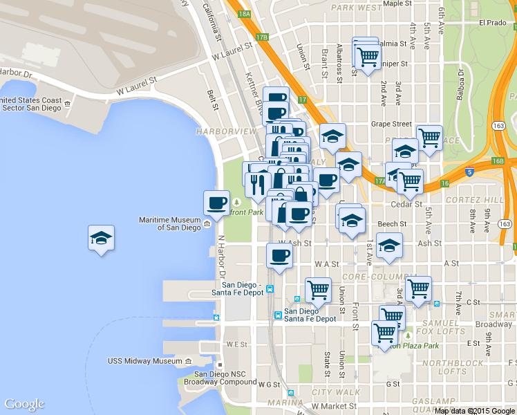 map of restaurants, bars, coffee shops, grocery stores, and more near 1595 Pacific Highway in San Diego