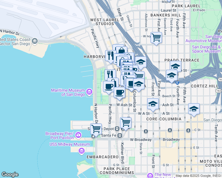 map of restaurants, bars, coffee shops, grocery stores, and more near 1595 Pacific Highway in San Diego