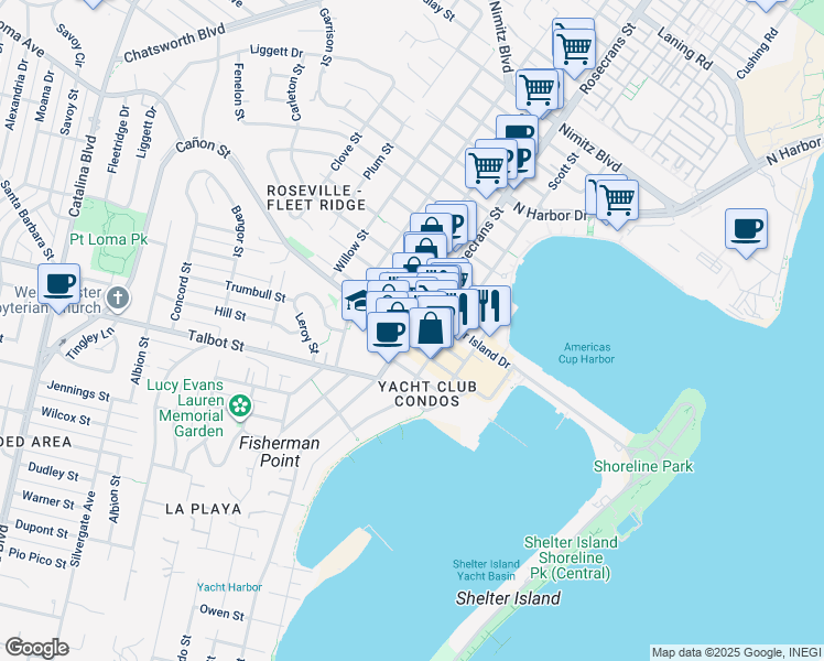 map of restaurants, bars, coffee shops, grocery stores, and more near Rosecrans Street in San Diego
