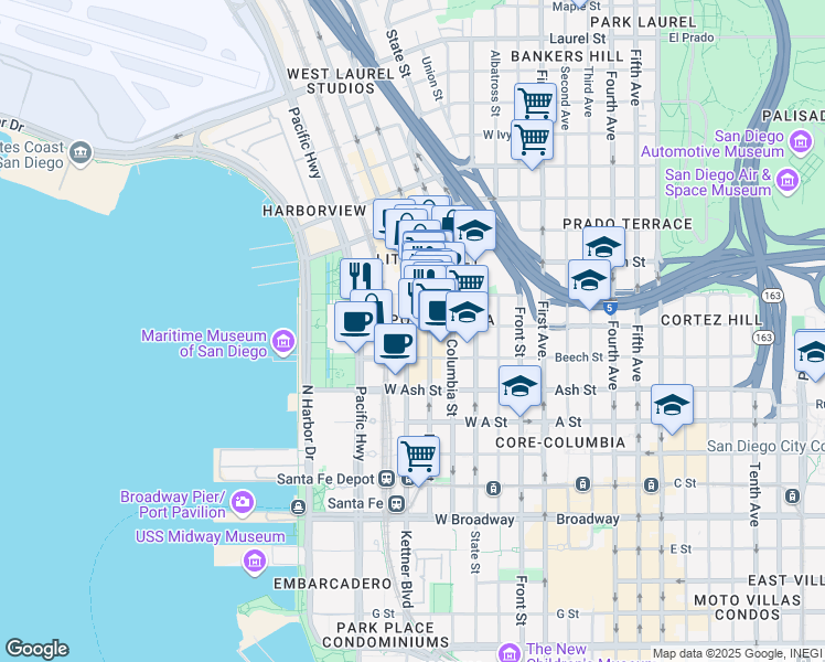 map of restaurants, bars, coffee shops, grocery stores, and more near 691 West Cedar Street in San Diego