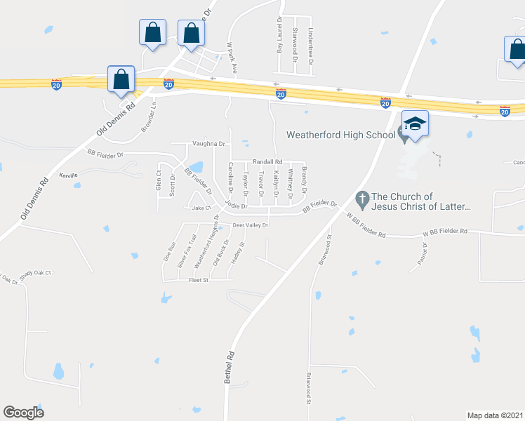 map of restaurants, bars, coffee shops, grocery stores, and more near 905 Jodie Drive in Weatherford