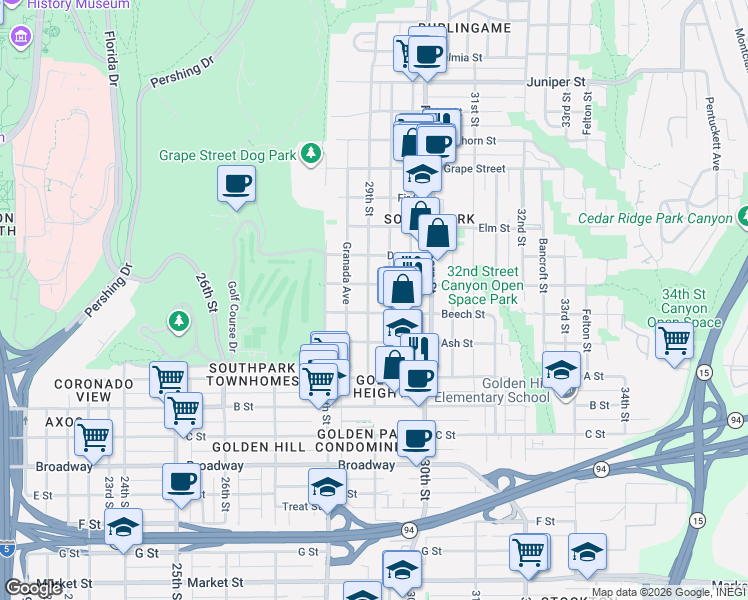 map of restaurants, bars, coffee shops, grocery stores, and more near 1519 29th Street in San Diego