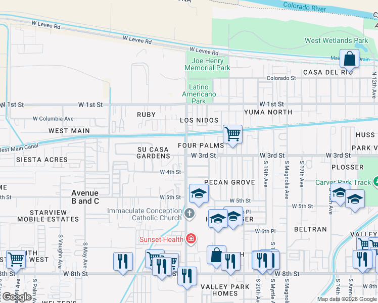 map of restaurants, bars, coffee shops, grocery stores, and more near 37 West Yowell Court in Yuma