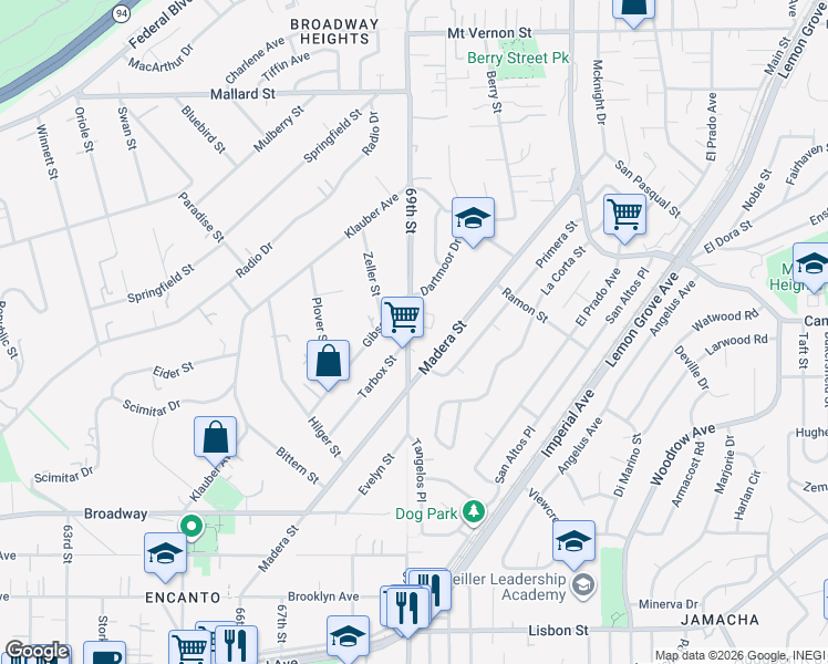 map of restaurants, bars, coffee shops, grocery stores, and more near 1650 69th Street in Lemon Grove