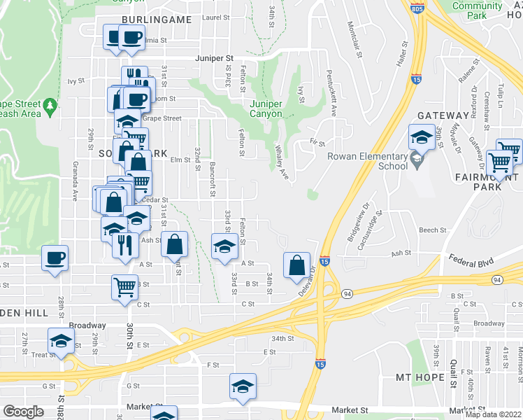 map of restaurants, bars, coffee shops, grocery stores, and more near 1621 Gregory Street in San Diego
