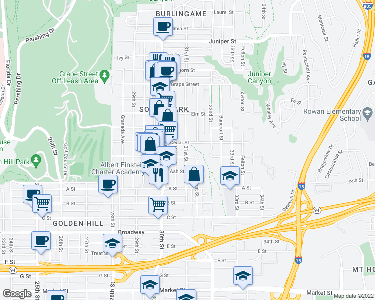 map of restaurants, bars, coffee shops, grocery stores, and more near 3092 Cedar Street in San Diego
