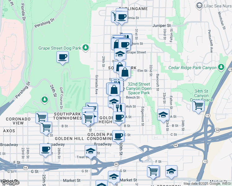map of restaurants, bars, coffee shops, grocery stores, and more near 2980 Cedar Street in San Diego