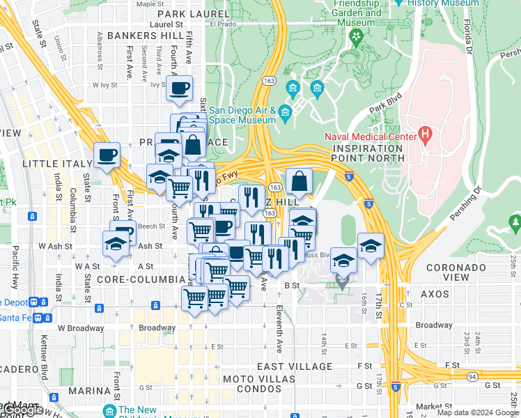 map of restaurants, bars, coffee shops, grocery stores, and more near 1640 Tenth Avenue in San Diego