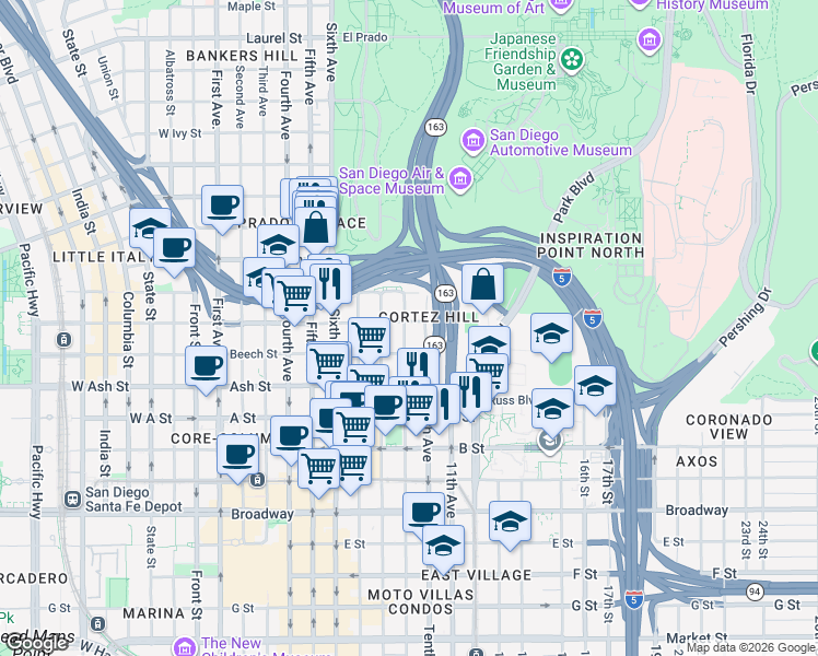 map of restaurants, bars, coffee shops, grocery stores, and more near 1640 Tenth Avenue in San Diego