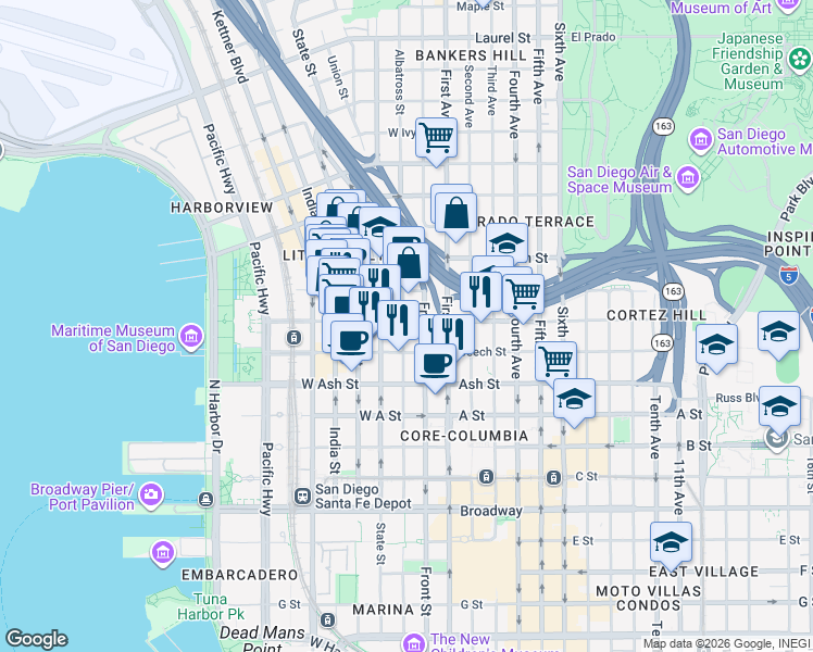 map of restaurants, bars, coffee shops, grocery stores, and more near 1661 Union Street in San Diego