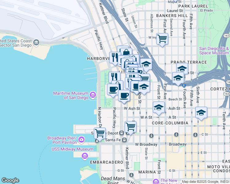 map of restaurants, bars, coffee shops, grocery stores, and more near 1655 Pacific Highway in San Diego