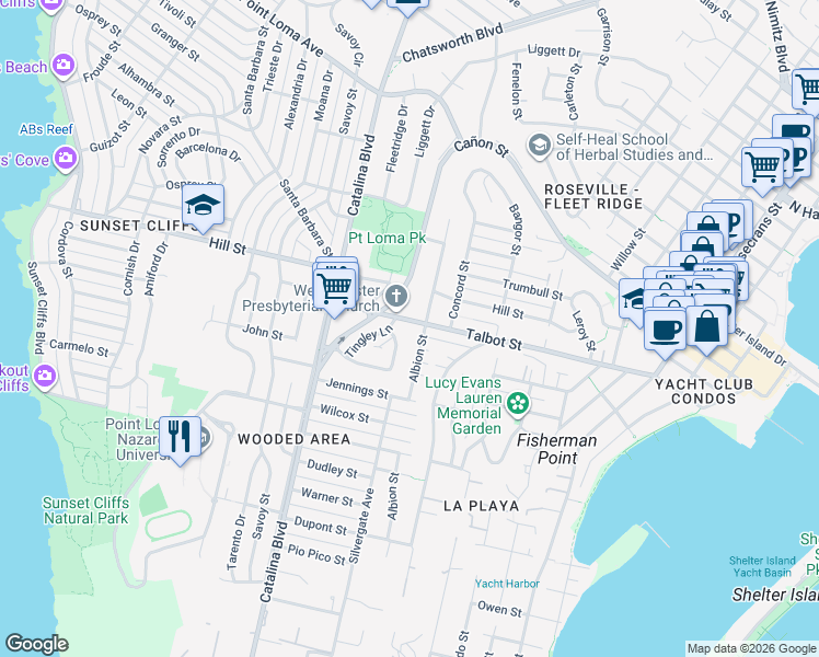 map of restaurants, bars, coffee shops, grocery stores, and more near 3598 Talbot Street in San Diego