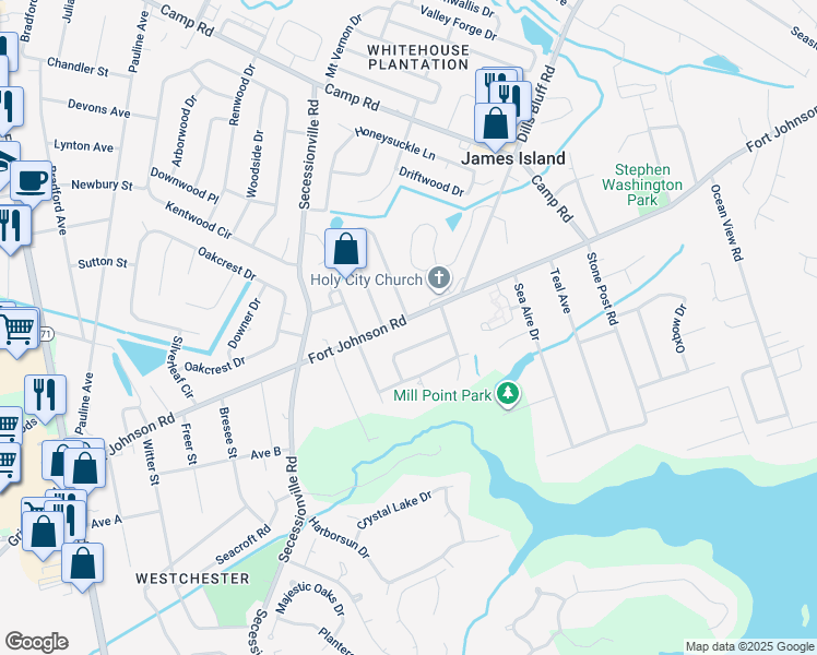 map of restaurants, bars, coffee shops, grocery stores, and more near 1128 Landsdowne Drive in Charleston