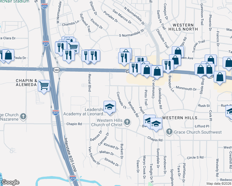 map of restaurants, bars, coffee shops, grocery stores, and more near 8825 Guadalupe Road in Fort Worth