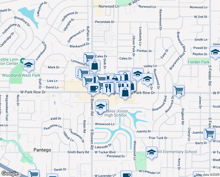 map of restaurants, bars, coffee shops, grocery stores, and more near 2309 West Park Row Drive in Pantego